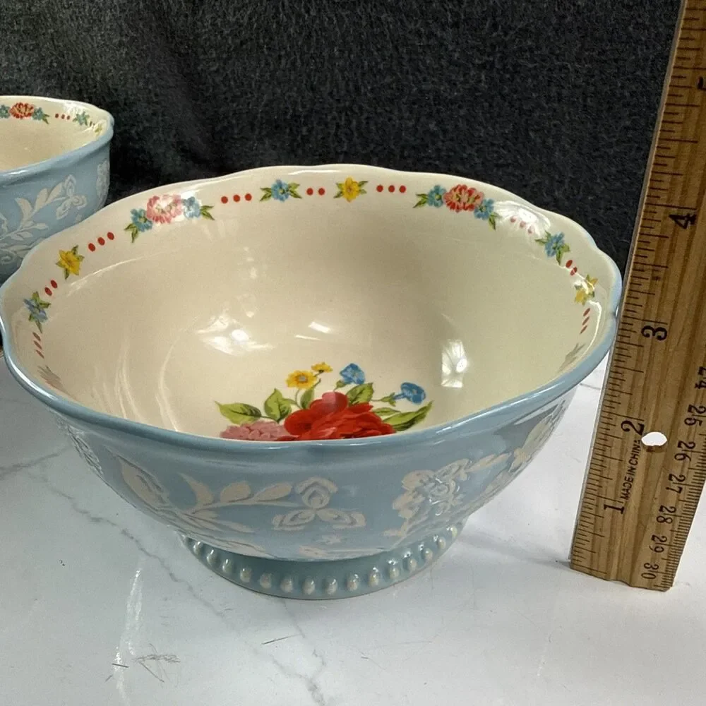 The Pioneer Woman Sweet Rose 6.25 Inch Ceramic Bowls Set of 2 Scalloped Blue New
